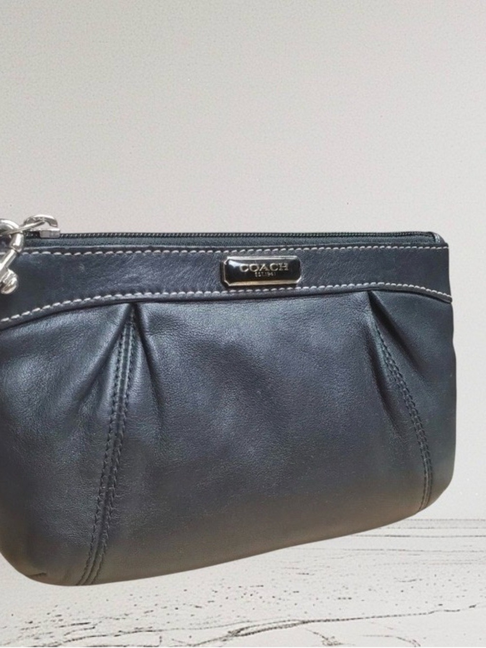 Coach Black Leather Wristlet Clutch with Pleat Detail